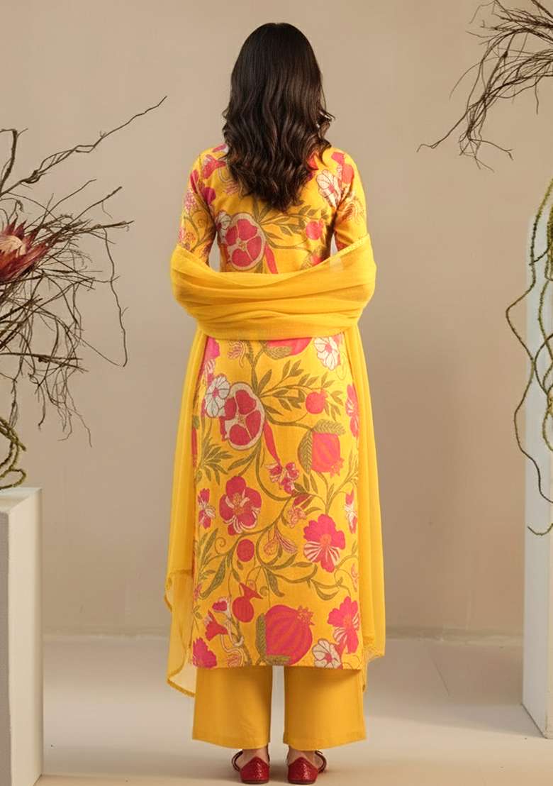 Mustard Yellow Floral Print Georgette Straight Kurta Set - Indya