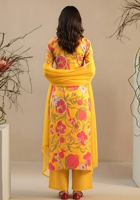 Mustard Yellow Floral Print Georgette Straight Kurta Set