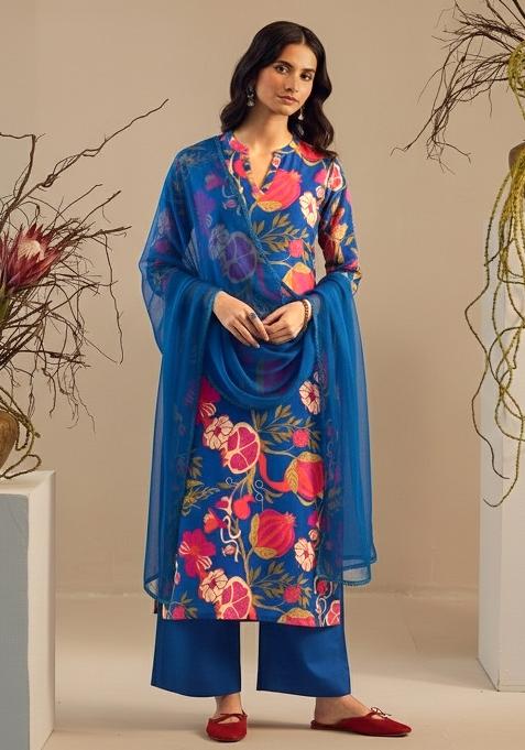 Teal Blue Floral Print Georgette Straight Kurta Set