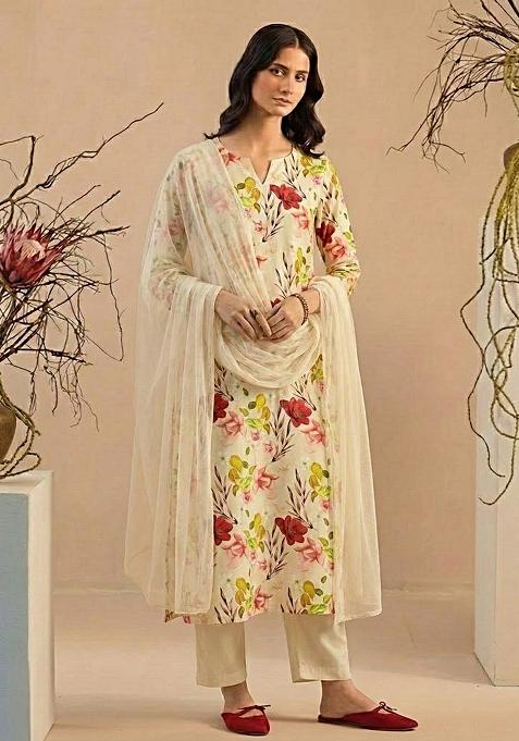 Off White Floral Print Georgette Straight Kurta Set