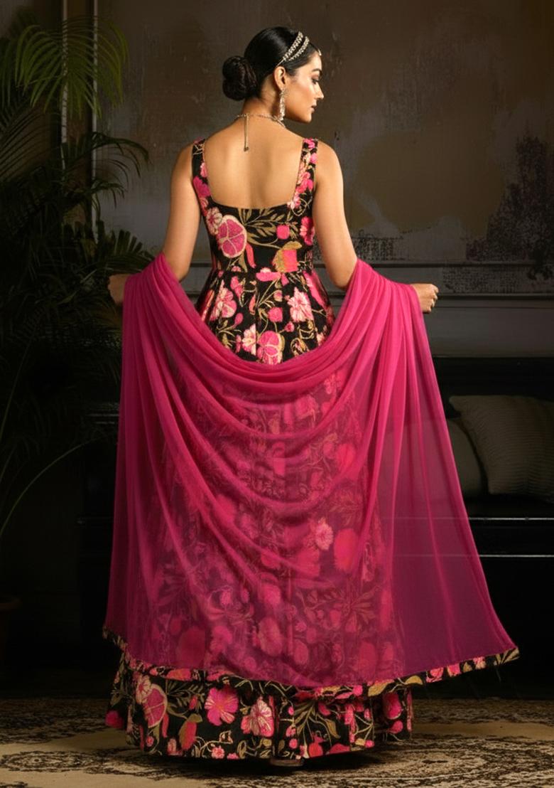Rani Pink Floral Print  Anarkali With Dupatta - Indya