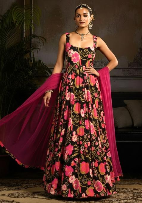 Rani Pink Floral Print  Anarkali With Dupatta