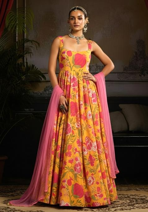 Yellow Floral Print Anarkali With Dupatta
