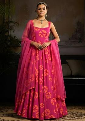 Rani Pink Floral Print  Anarkali With Dupatta