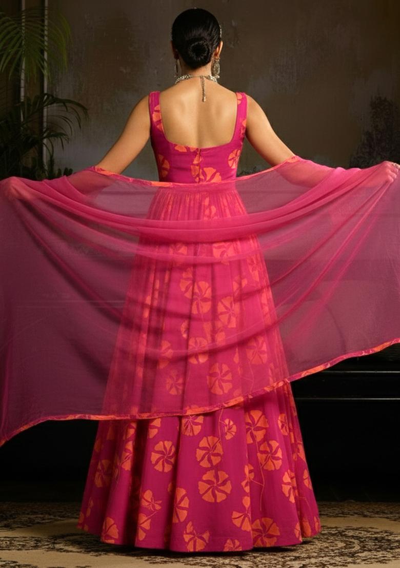 Rani Pink Floral Print  Anarkali With Dupatta - Indya