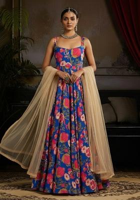Blue Floral Print  Anarkali With Dupatta