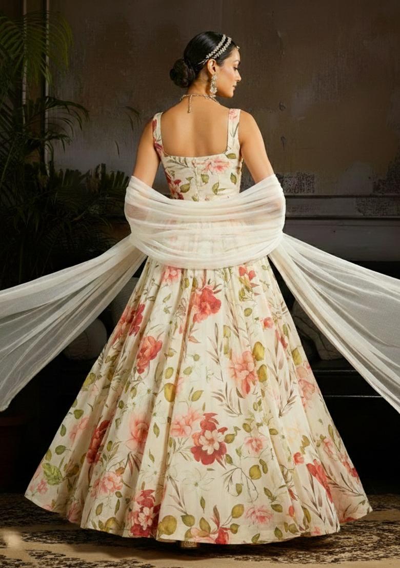 Ivory Floral Print  Anarkali With Dupatta - Indya