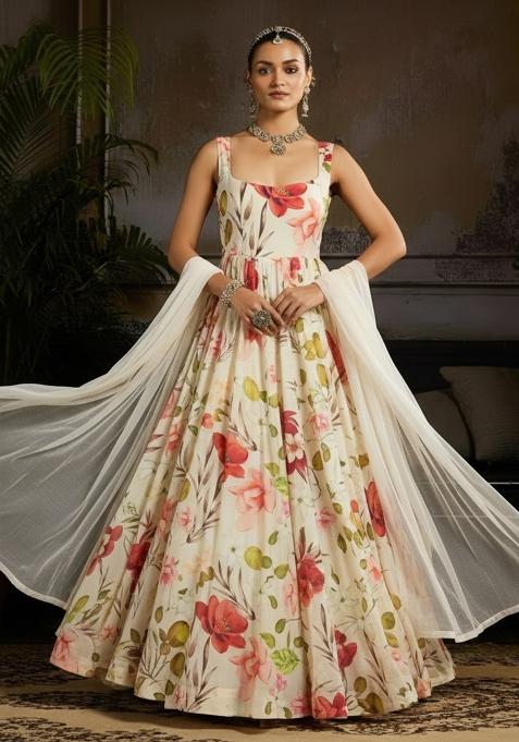 Ivory Floral Print Anarkali With Dupatta
