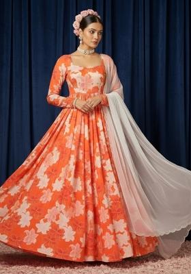 Peach Floral Print  Anarkali With Dupatta