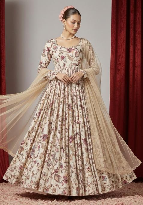 Beige Floral Print Anarkali With Dupatta
