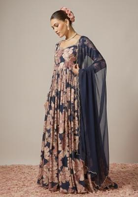 Midnight Blue Floral Print Anarkali With Dupatta