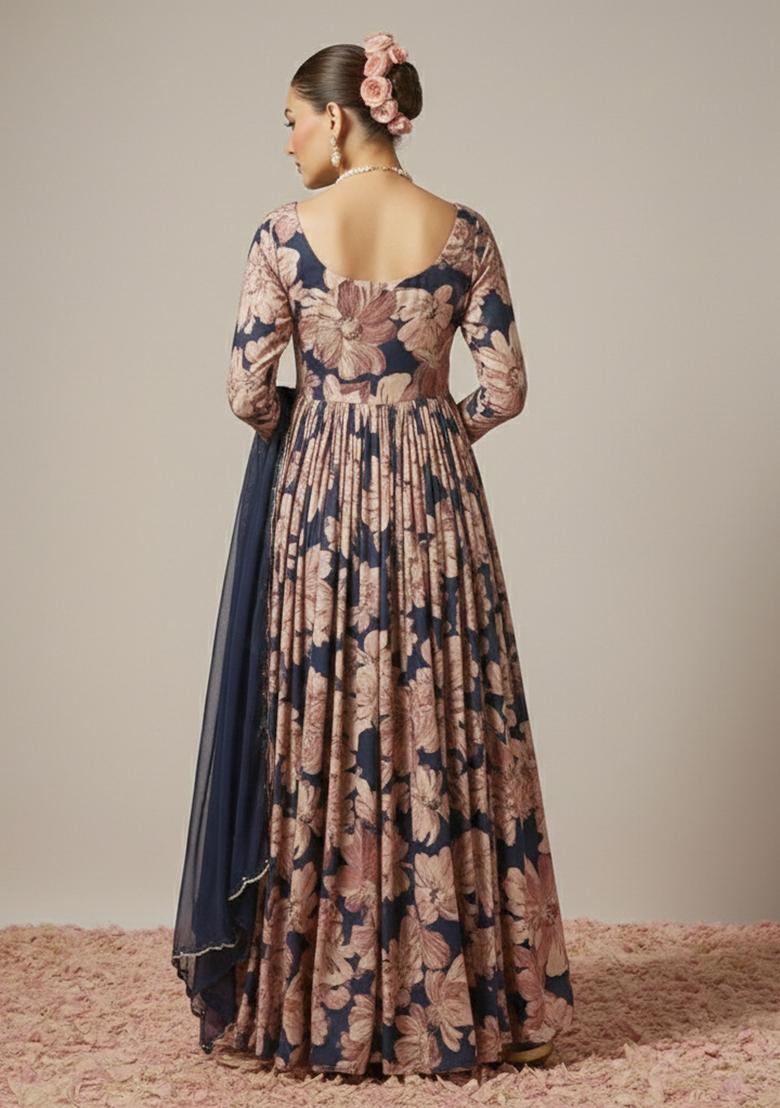 Midnight Blue Floral Print Anarkali With Dupatta - Indya