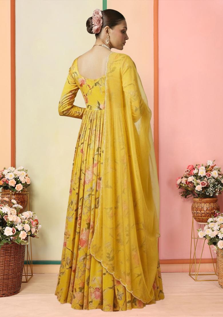 Yellow Floral Print Anarkali With Dupatta - Indya