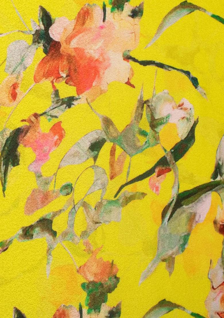 Yellow Floral Print Anarkali With Dupatta - Indya