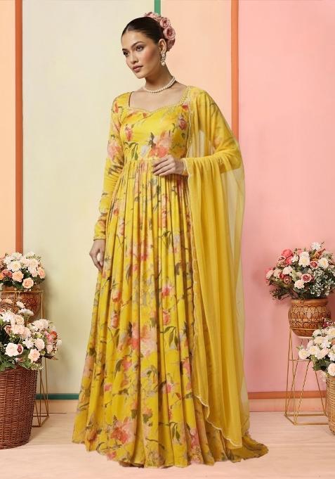 Yellow Floral Print Anarkali With Dupatta