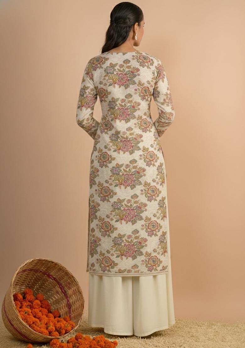 Cream Floral Print Organza Kurta Set - Indya