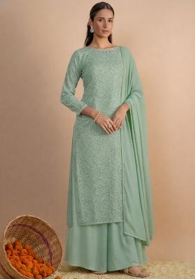 Mint Green Embroidered Chinon Kurta Set
