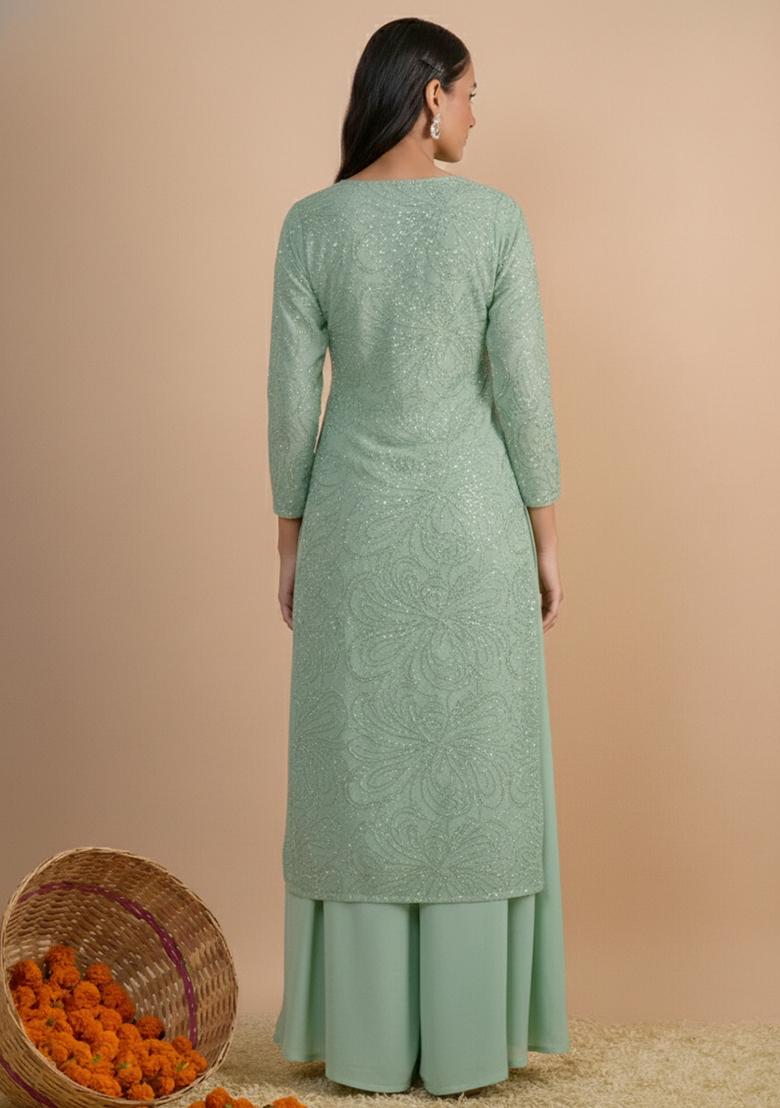 Mint Green Embroidered Chinon Kurta Set - Indya