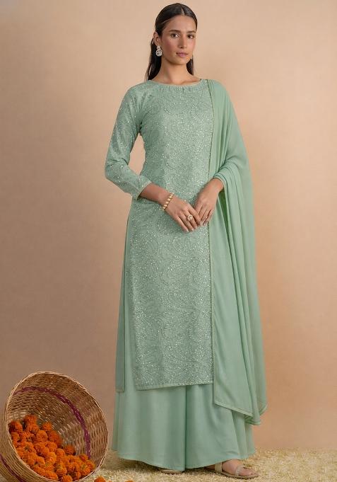 Mint Green Embroidered Chinon Kurta Set