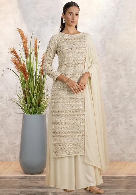 Ivory Embroidered Georgette Straight Kurta Set