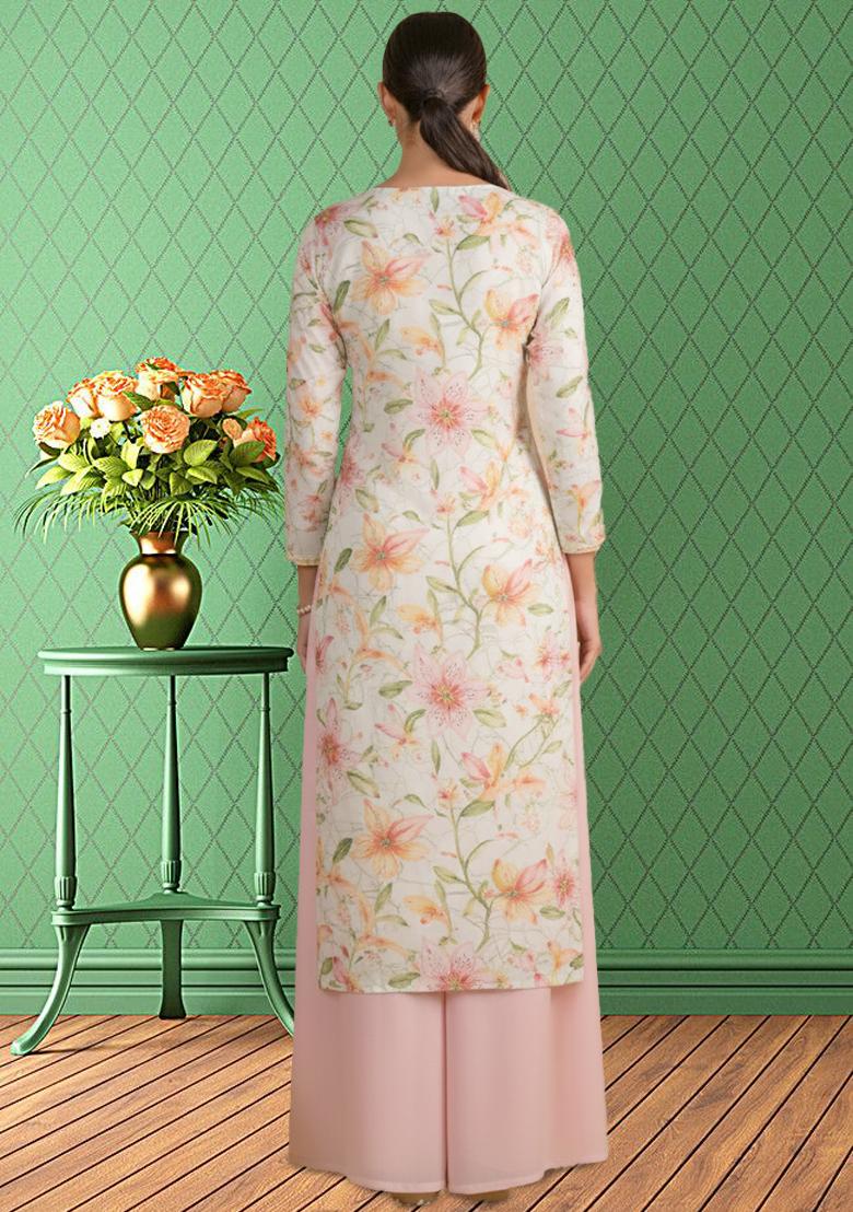 Pink Floral Print Crepe Kurta Set - Indya