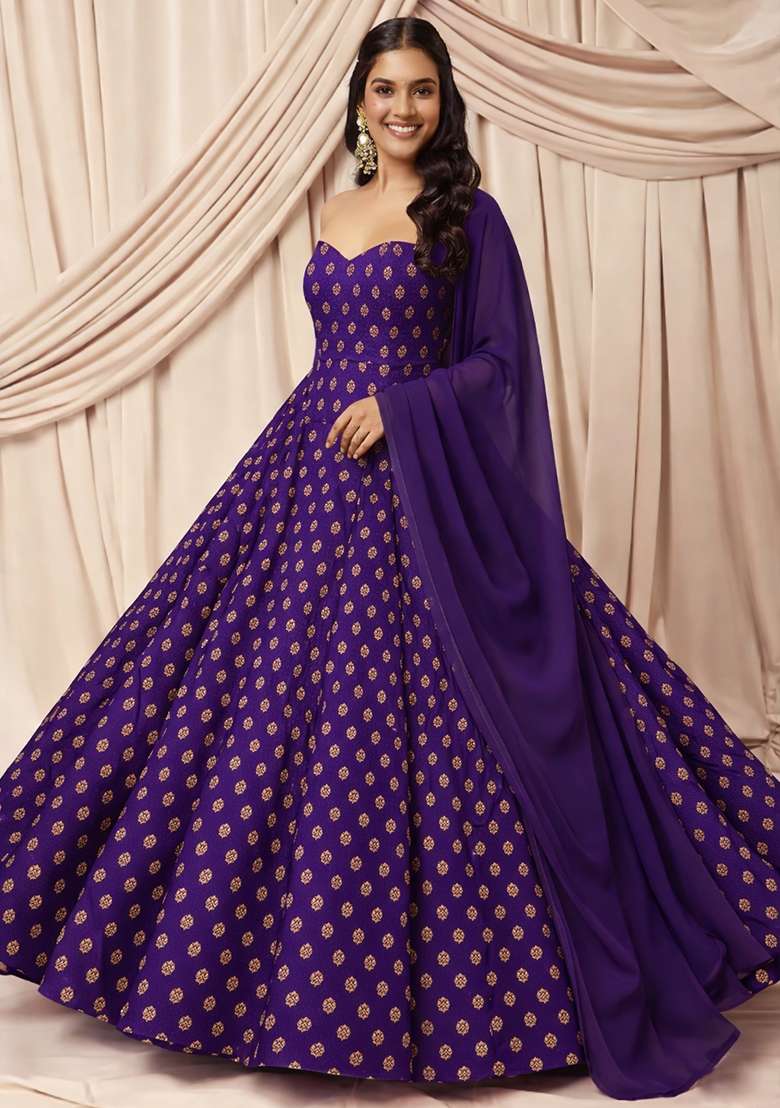 Purple Silk Anarkali With Dupatta - Indya