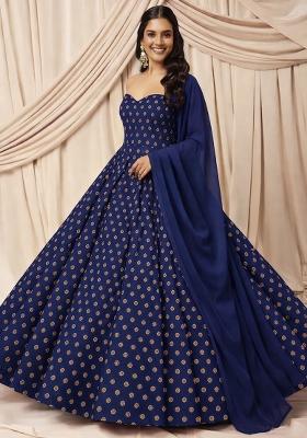 Navy Blue Silk Anarkali With Dupatta