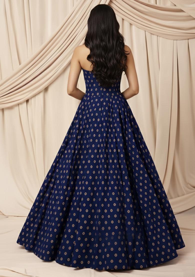 Navy Blue Silk Anarkali With Dupatta - Indya