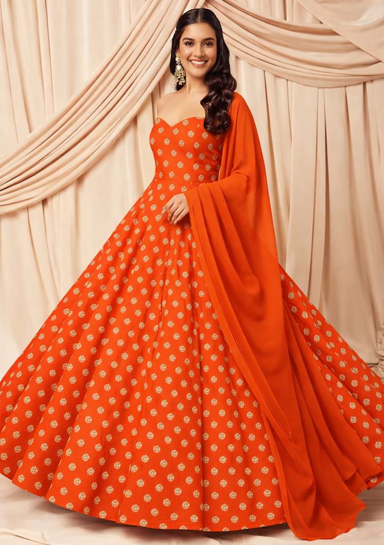 Orange Silk Anarkali With Dupatta - Indya