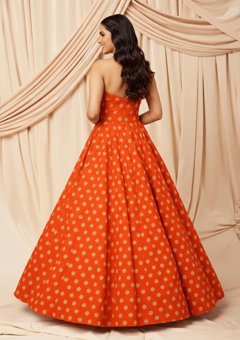 Orange Silk Anarkali With Dupatta - Indya