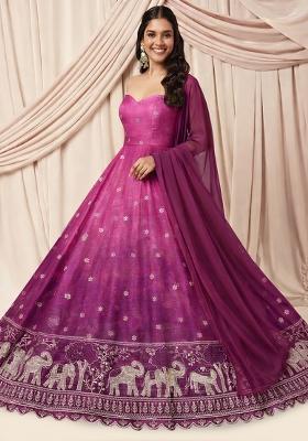 Pink Embroidered Silk Anarkali With Dupatta