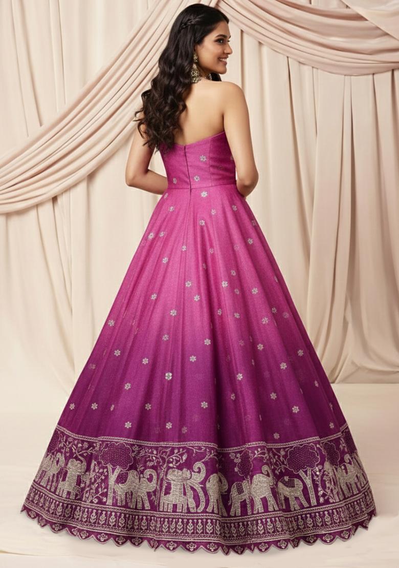 Pink Embroidered Silk Anarkali With Dupatta - Indya