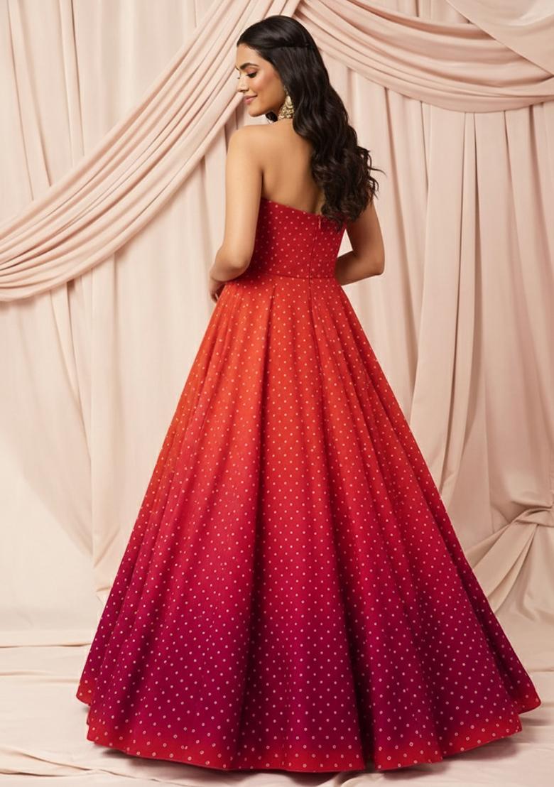 Cherry Red Silk Anarkali With Dupatta - Indya