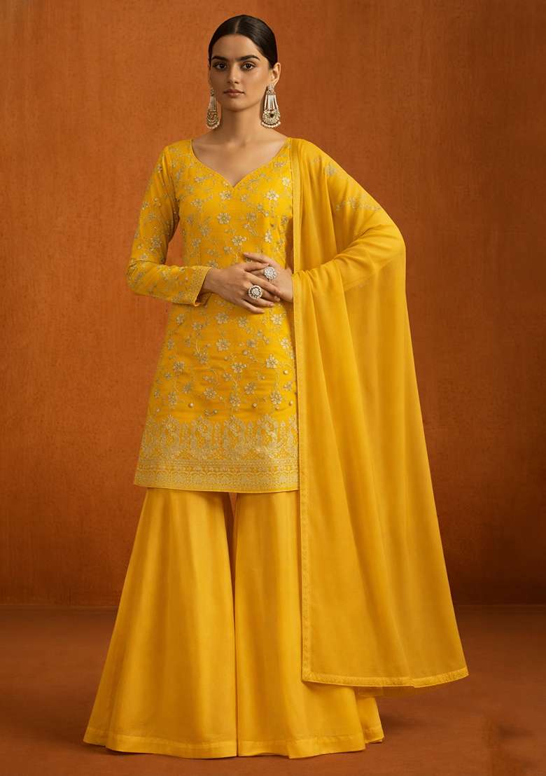 Yellow Tissue Sharara Set - Indya