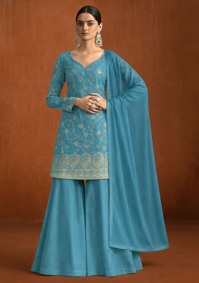 Dusty Blue Tissue Sharara Set - Indya