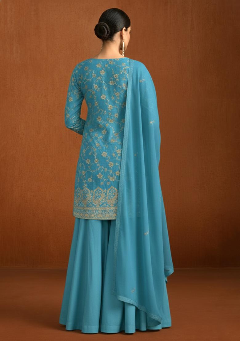 Dusty Blue Tissue Sharara Set - Indya