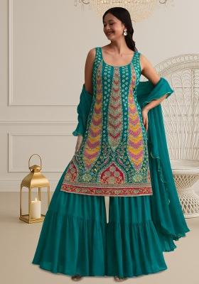 Teal Green Abstract Print Crepe Sharara Set