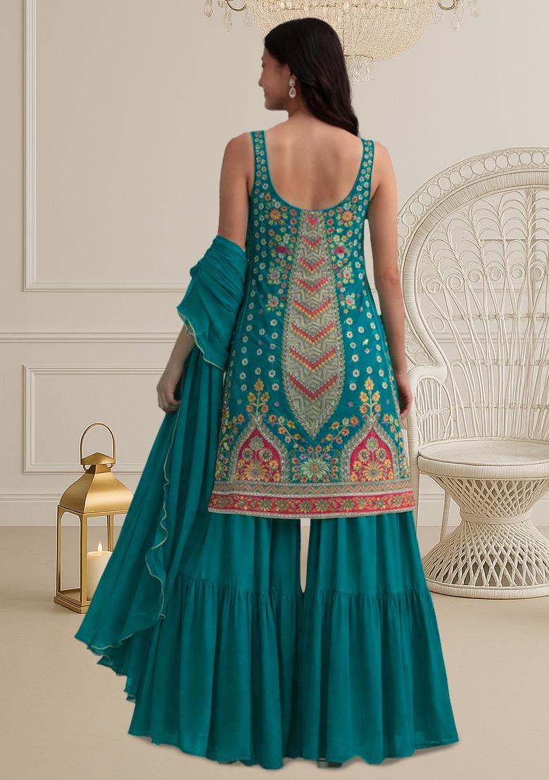 Teal Green Abstract Print Crepe Sharara Set - Indya