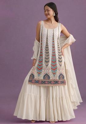 White Abstract Print Crepe Sharara Set