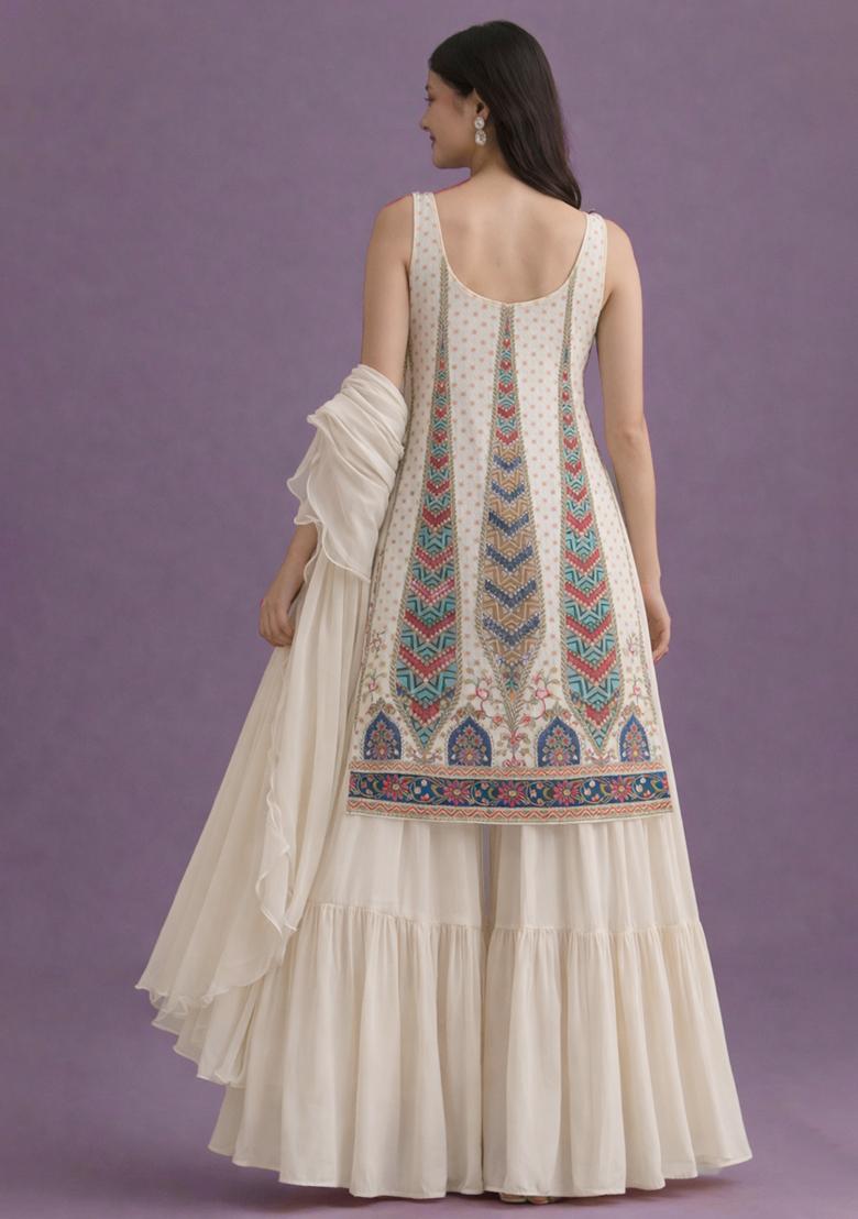 White Abstract Print Crepe Sharara Set - Indya