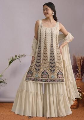 Beige Abstract Print Crepe Sharara Set