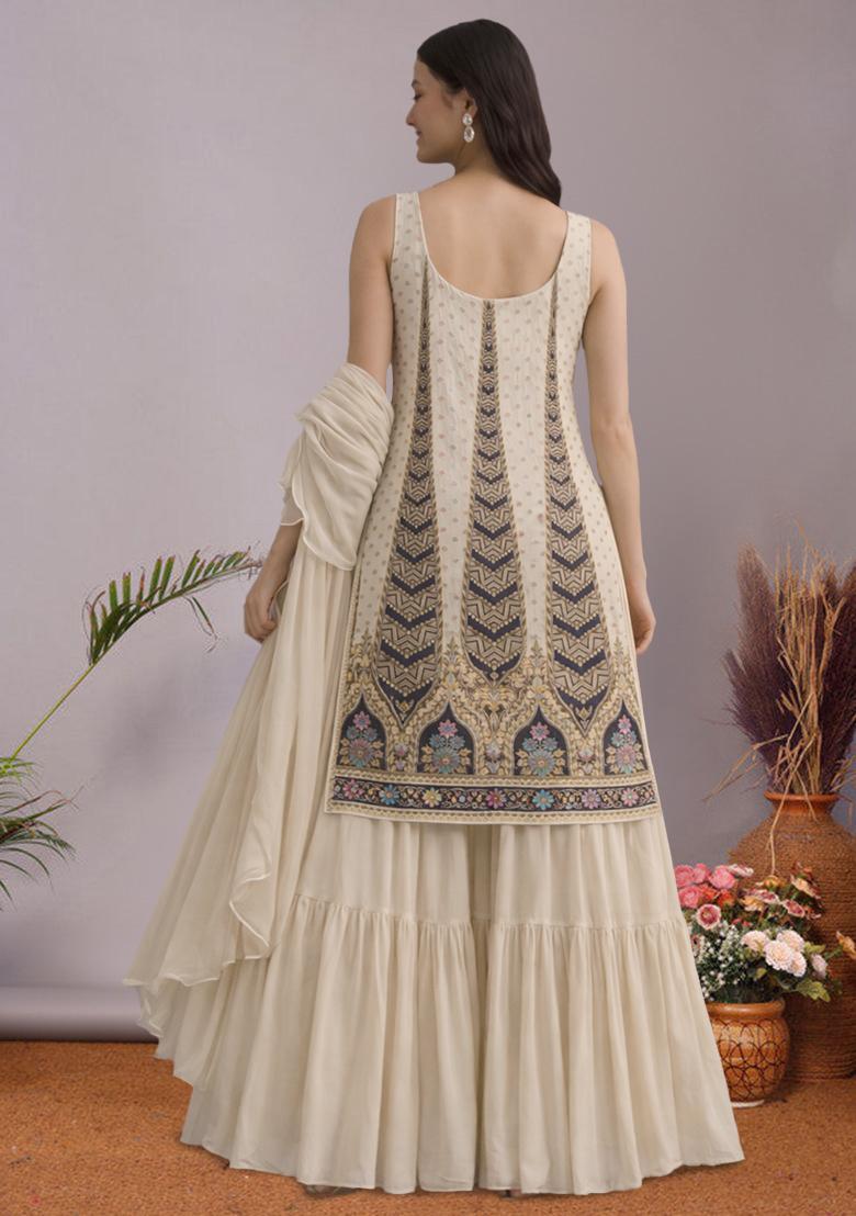 Beige Abstract Print Crepe Sharara Set - Indya