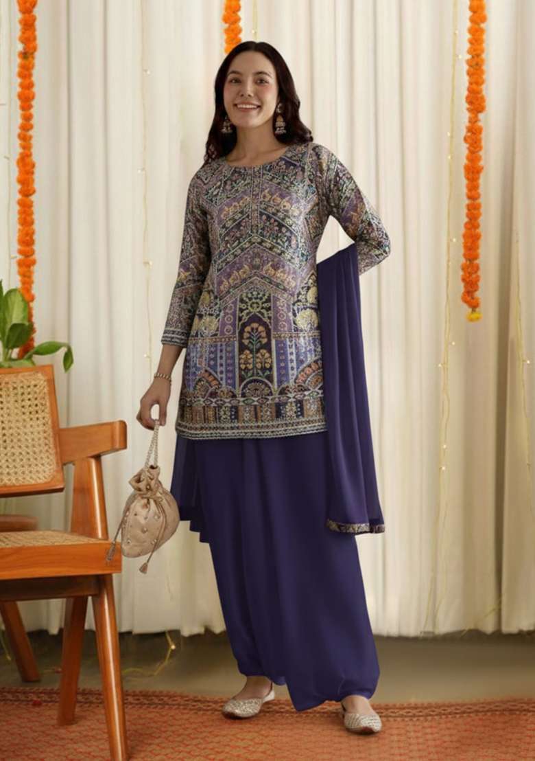 Navy Blue Printed Crepe Sharara Set - Indya