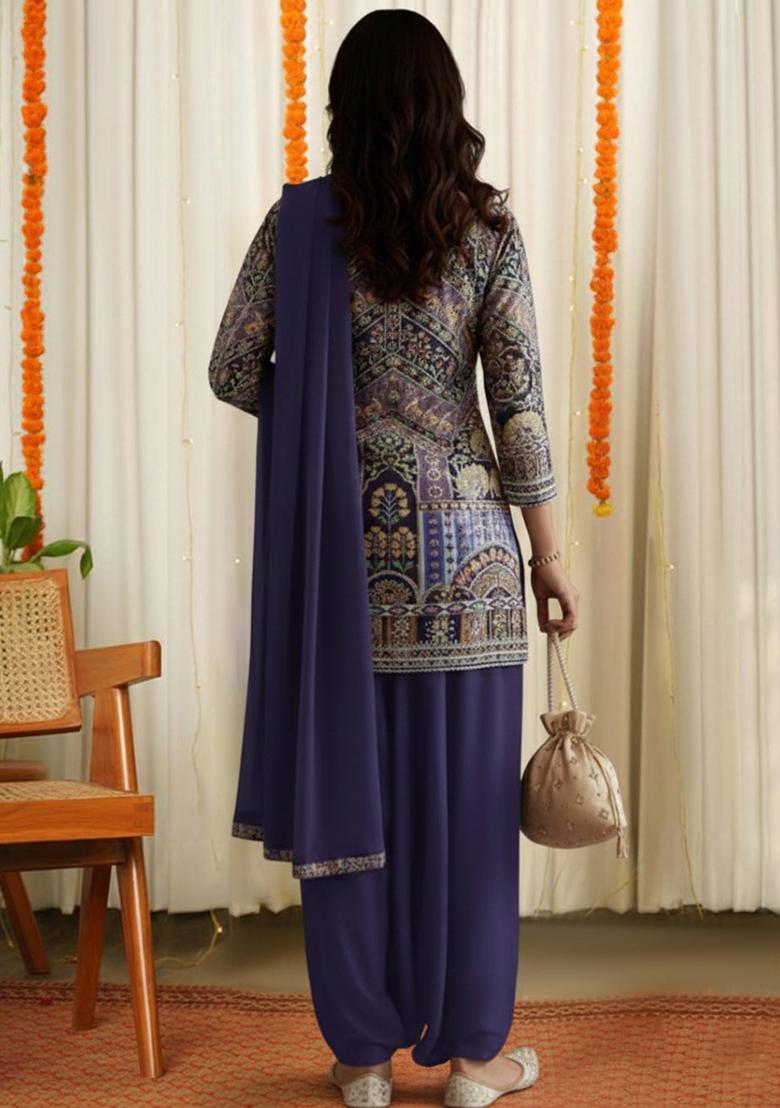 Navy Blue Embroidered Crepe Kurta Set - Indya
