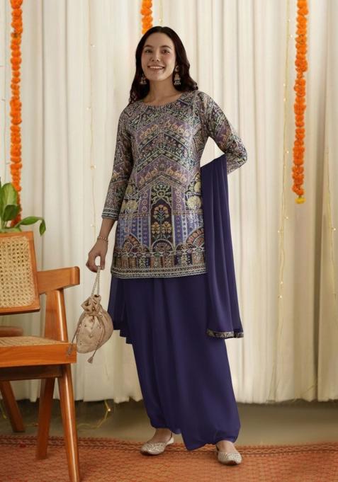 Navy Blue Printed Crepe Sharara Set