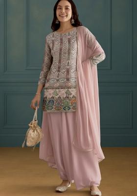Pink Embroidered Crepe Kurta Set