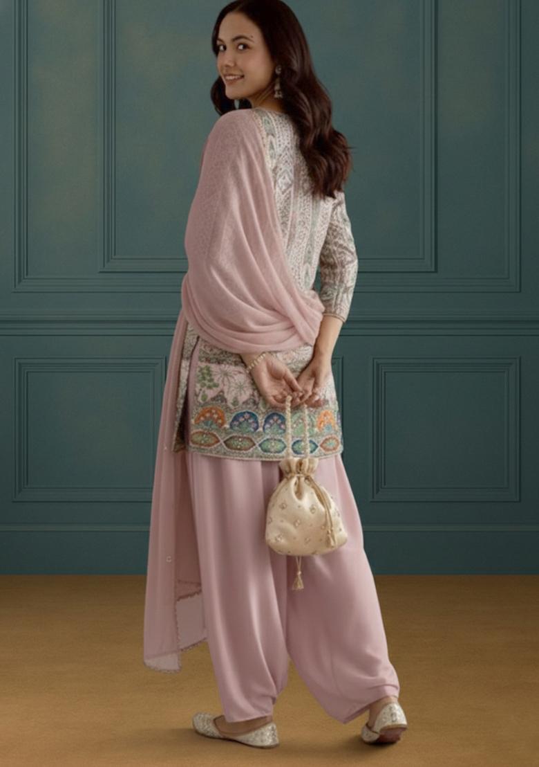 Pink Embroidered Crepe Kurta Set - Indya