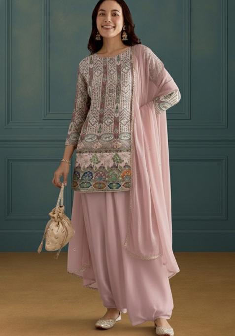 Pink Embroidered Crepe Sharara Set