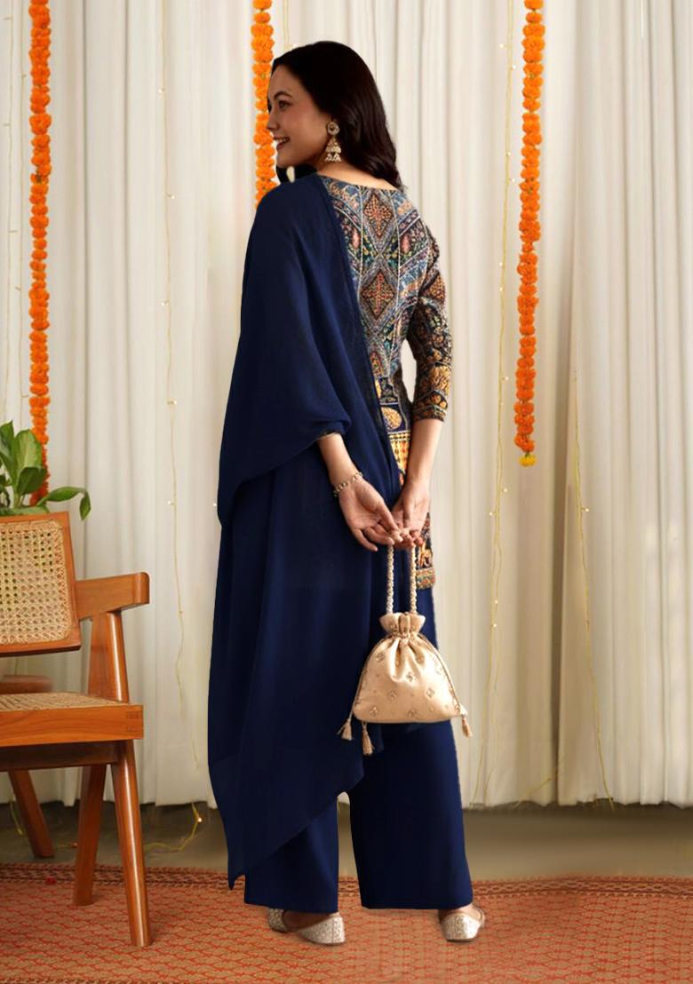 Blue Embroidered Crepe Kurta Set - Indya