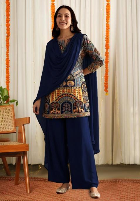 Blue Printed Crepe Sharara Set